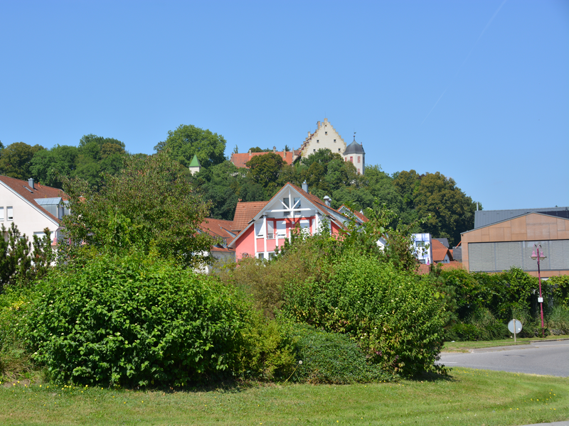 Vordergrund zeigt grüne Büsche und Bäume, während im Hintergrund Häuser und das Schloss Warthausens zu sehen sind, alles unter einem klar blauen Himmel.