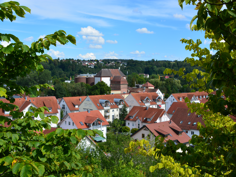 Warthausen, ein malerisches Dorf mit weißen Häusern und roten Dächern ist von grünen Bäumen umgeben und der blaue Himmel erstreckt sich darüber.