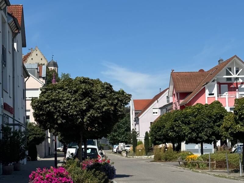 Eine ruhige, sonnige Straße mit blühenden Blumenbeeten und umgeben von mehrstöckigen Wohnhäusern mit roten Dächern.