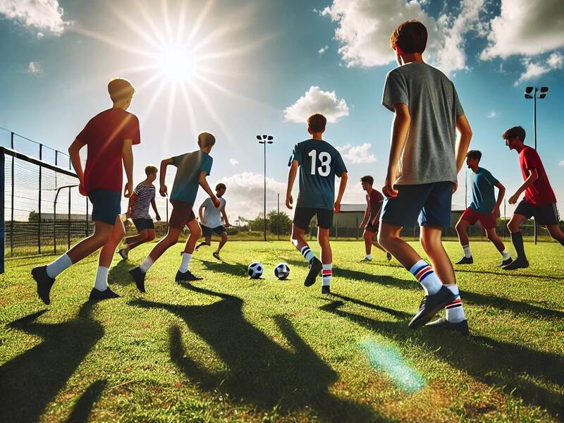 Eine Gruppe von Jugendlichen spielt auf einem sonnigen Fußballfeld unter einem klaren blauen Himmel.