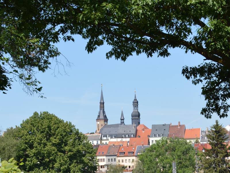 Eine von Bäumen umrahmte Stadtansicht zeigt ein historisches Gebäude mit zwei hohen Kirchtürmen im Hintergrund.
