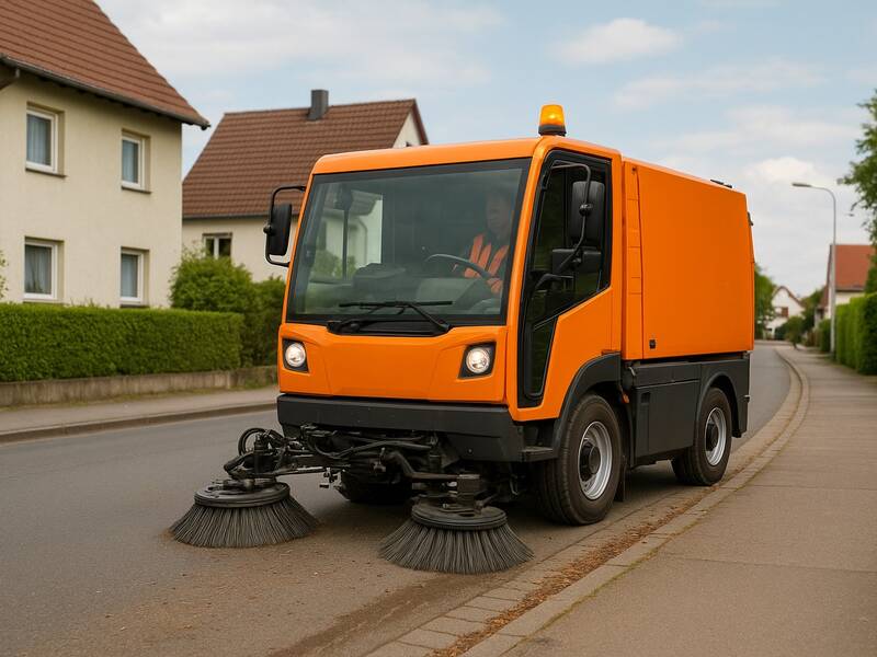 Ein orangefarbenes Kehrfahrzeug reinigt am Straßenrand einer Wohngegend, während es auf einer asphaltierten Straße fährt.