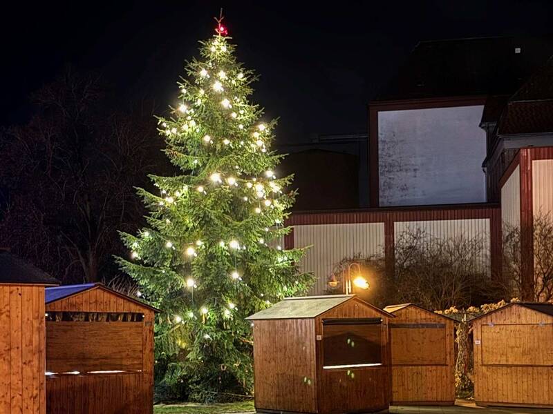 Ein weihnachtlich beleuchteter Tannenbaum steht in der Mitte eines Platzes, umgeben von Holzhütten und einem niedrigen Holzzaun.