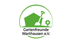 Das Logo zeigt ein grünes Haus, eine Schaufel und eine Blume, umrahmt von einem Halbkreis, mit dem Text "Gartenfreunde Warthausen e.V." darunter.