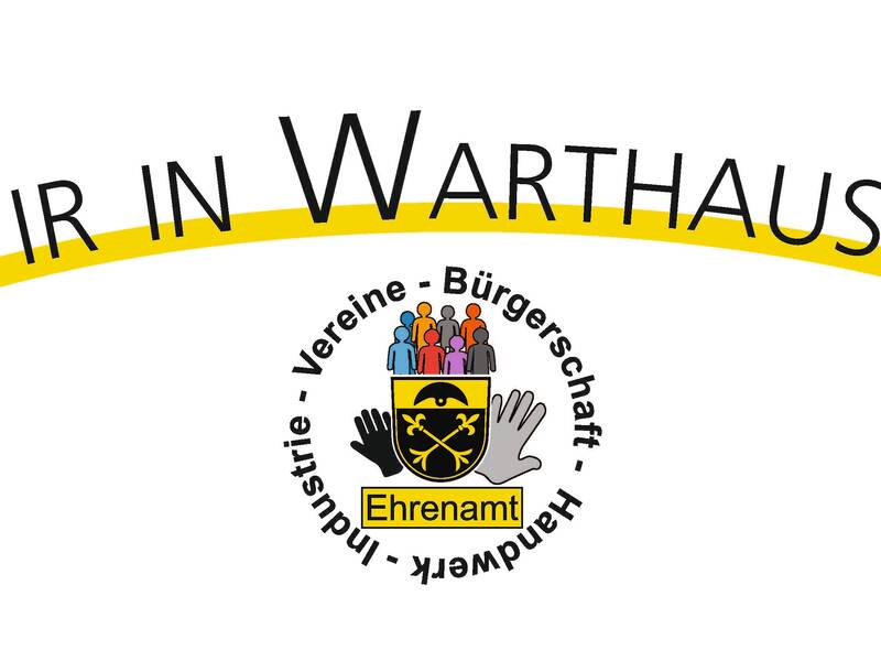 Das Bild zeigt das Logo von "Wir in Warthausen", mit dem Wappen im Zentrum und den Begriffen "Vereine", "Bürgerschaft", "Handwerk", "Industrie" und "Ehrenamt" um das Wappen herum.